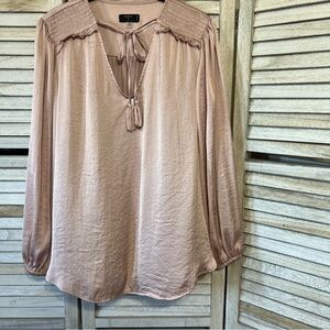 Tahari Pink Long Sleeve Blouse with Tie Front and Relaxed Fit